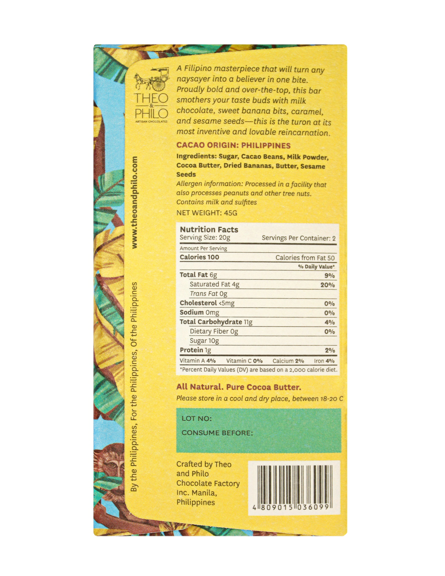 Theo & Philo Milk Chocolate Turon (Bananas, Sesame Seeds, Crispy Caramel) 45g