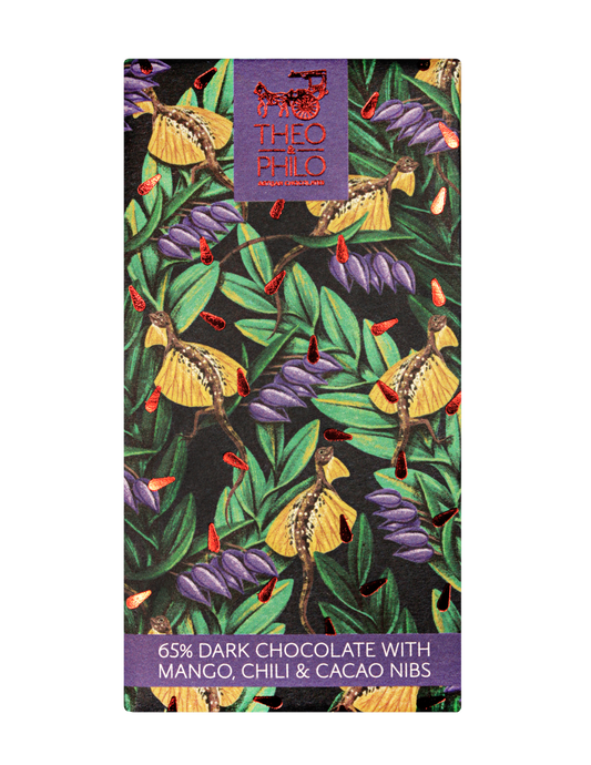 Theo & Philo Dark Chocolate With Mango, Chili And Cacao Nibs 45g