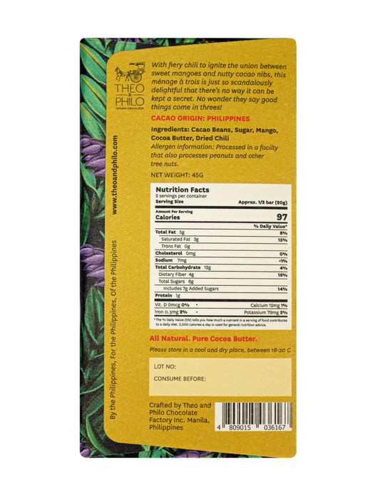 Theo & Philo Dark Chocolate With Mango, Chili And Cacao Nibs 45g