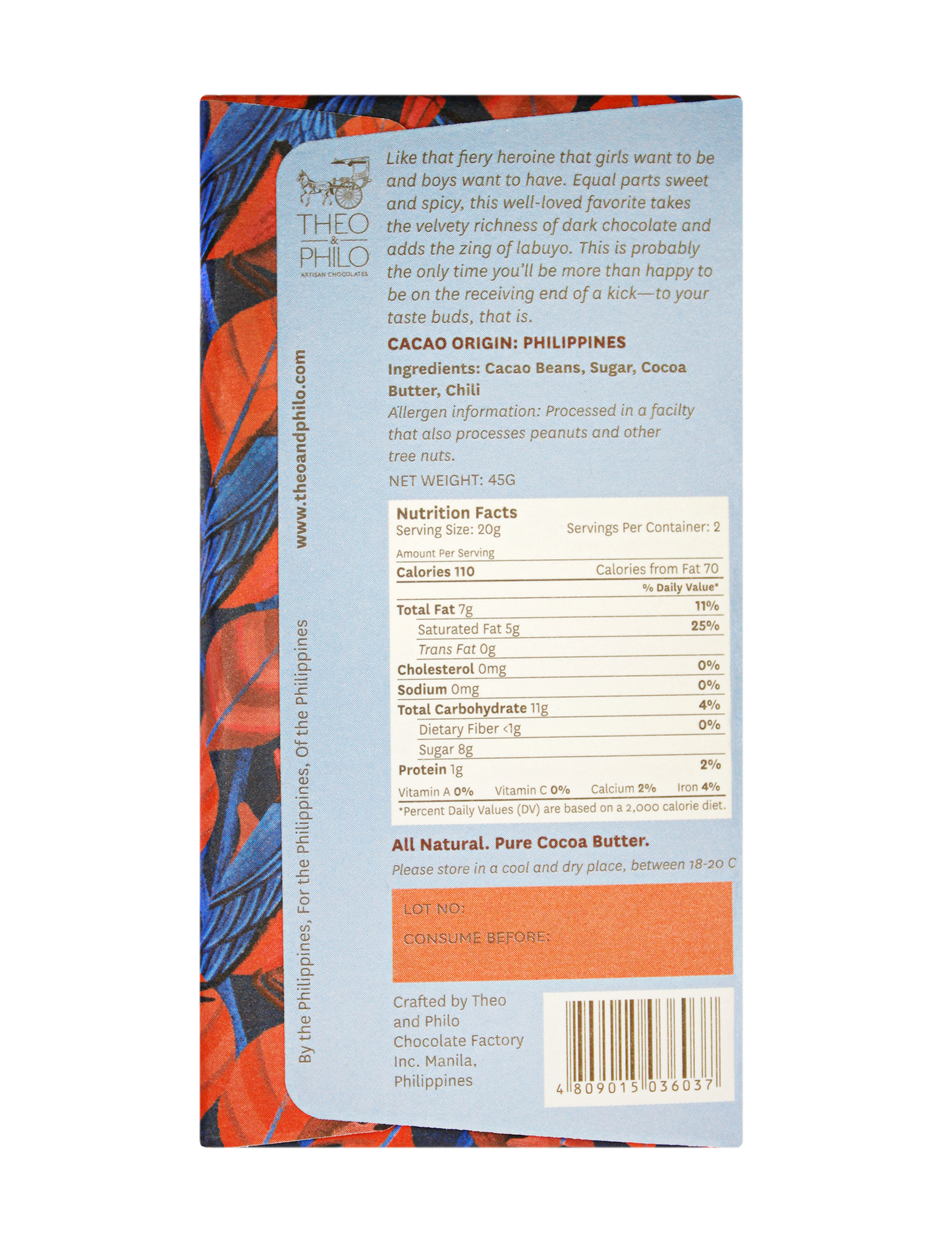 Theo & Philo 65% Dark Chocolate With Siling Labuyo (Chili) 45g