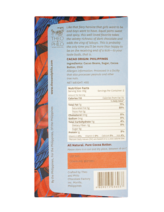 Theo & Philo 65% Dark Chocolate With Siling Labuyo (Chili) 45g