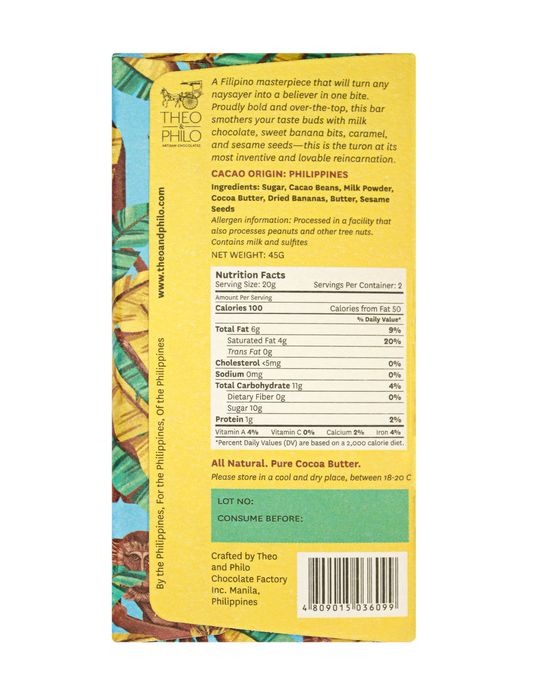 Theo & Philo Milk Chocolate Turon (Bananas, Sesame Seeds, Crispy Caramel) 45g