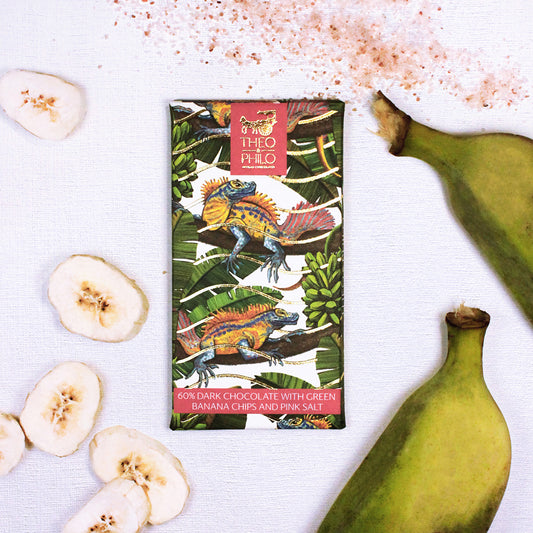 Theo & Philo Dark Chocolate With Green Banana Chips & Pink Salt 45g