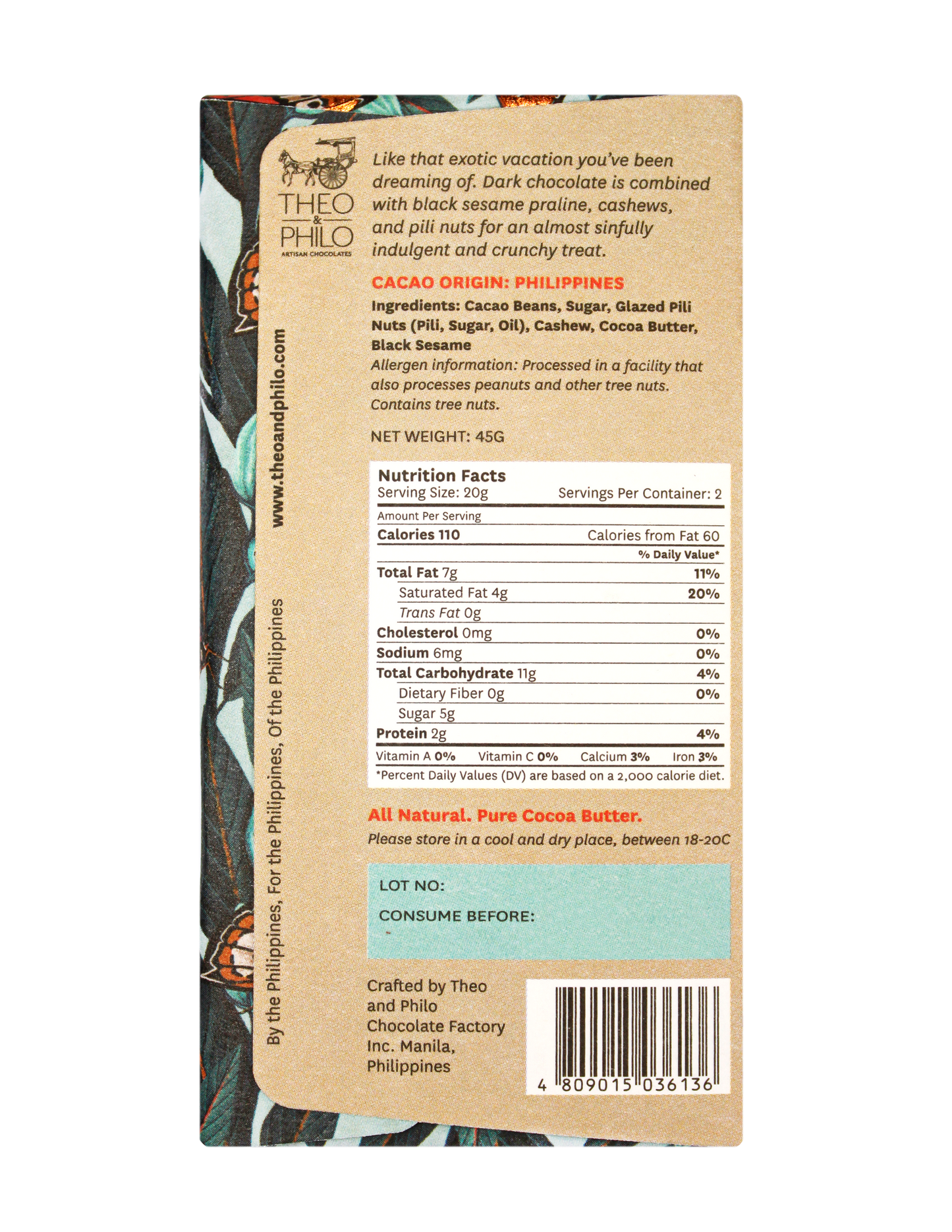Theo & Philo Dark Chocolate With Black Sesame (Black Sesame Praline, Cashew, and Pili Nuts) 45g