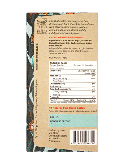 Theo & Philo Dark Chocolate With Black Sesame (Black Sesame Praline, Cashew, and Pili Nuts) 45g