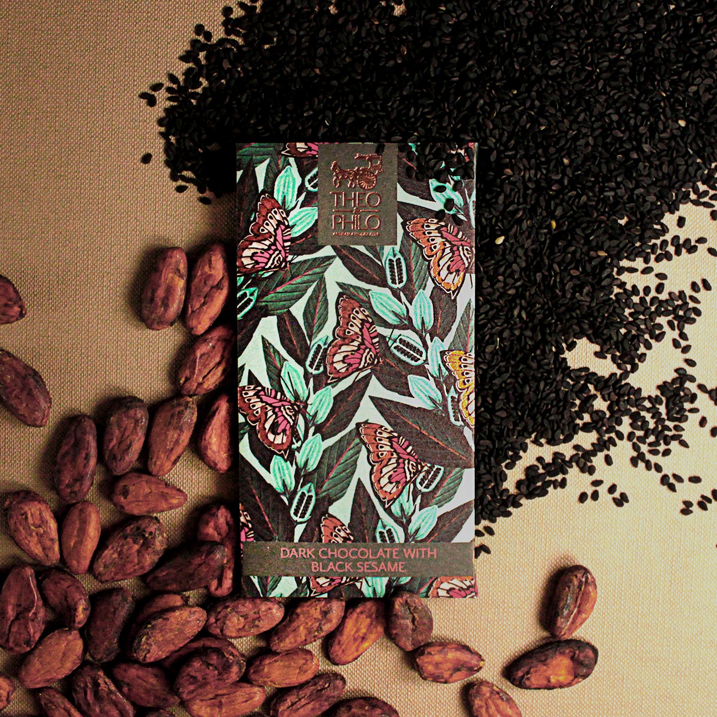 Theo & Philo Dark Chocolate With Black Sesame (Black Sesame Praline, Cashew, and Pili Nuts) 45g