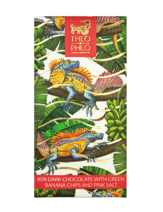 Theo & Philo Dark Chocolate With Green Banana Chips & Pink Salt 45g